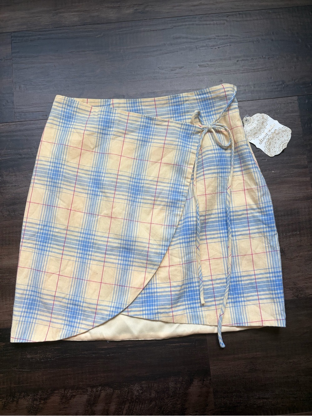NWT Altar'd State Pastel Blue and yellow Plaid Wrap Mini Skirt